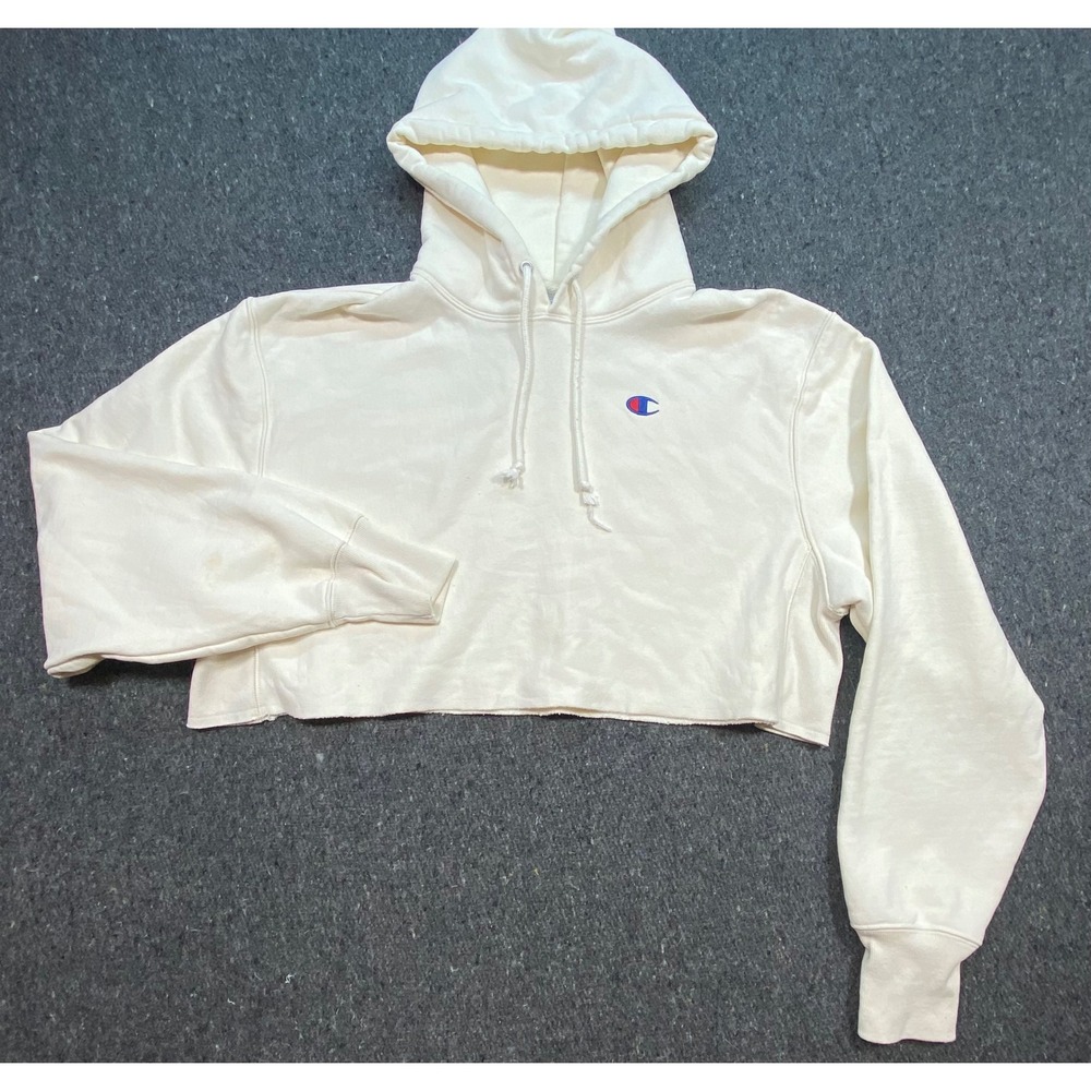 Champion Hoodie L/G Womens Cream Reverse Weave Cropped Raw Hem Sweatshirt Logo